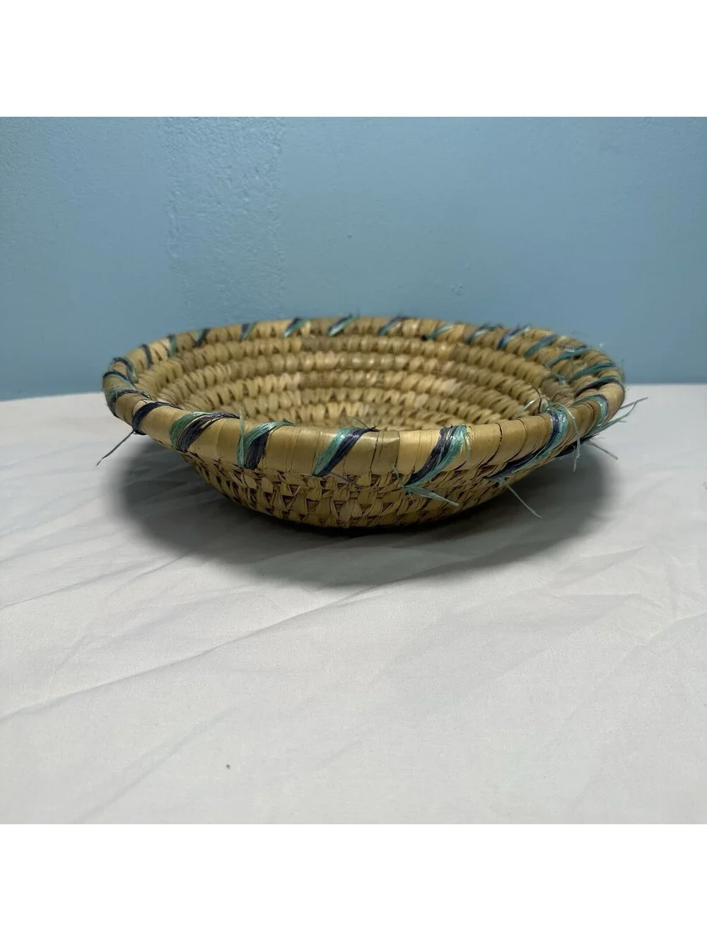 Vintage Round Coiled Grass Basket Hand Woven Decorative Bowl Boho Wall Decor